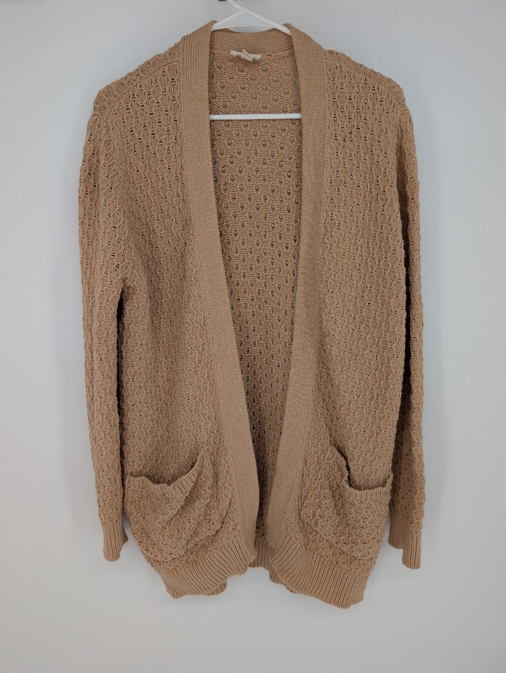 Pact Organic Long Cardigan Women XS S Lattice Knit Open Front Pockets Minimalist